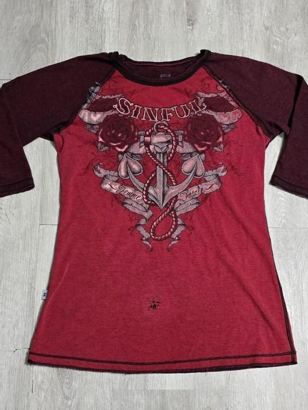 Vintage Y2K Sinful by Affliction 3/4 Sleeve Top Red/Black Femme Fatal Floral